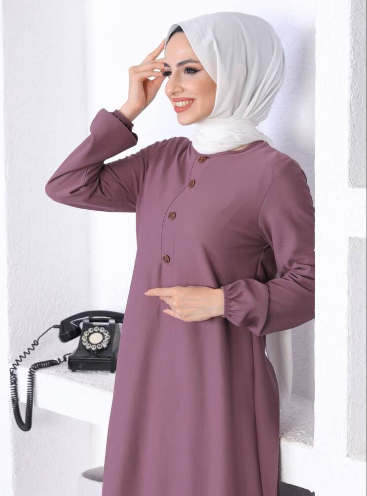 Ecesun Basic Düğme Detaylı Tesettür Elbise - Gül Kurusu - 3
