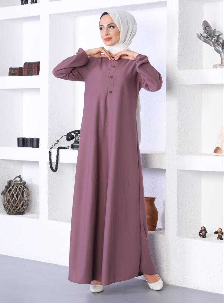 Ecesun Basic Düğme Detaylı Tesettür Elbise - Gül Kurusu - 5