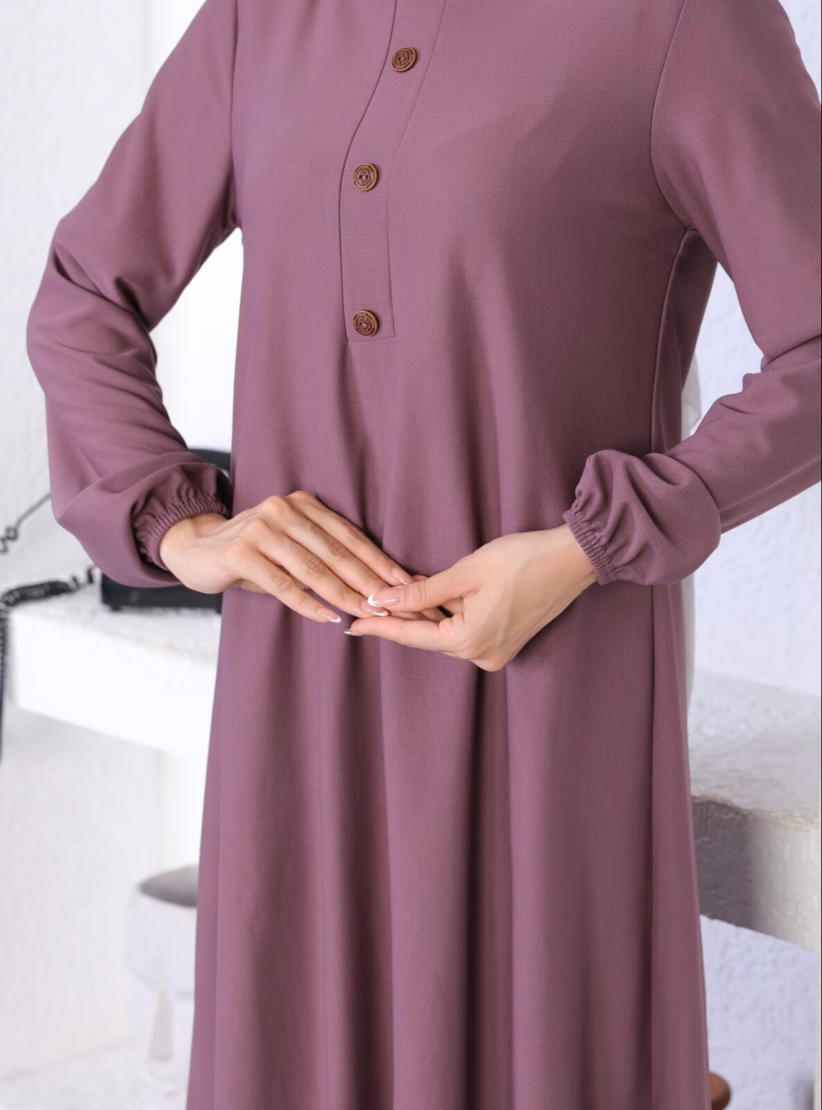 Ecesun Basic Düğme Detaylı Tesettür Elbise - Gül Kurusu - 6