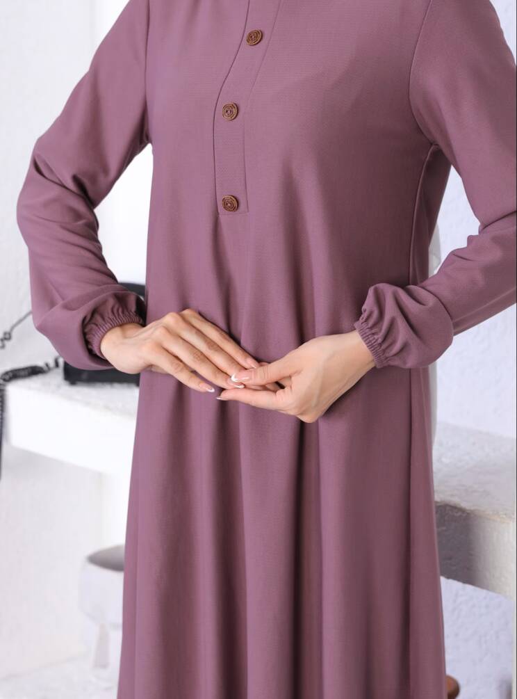 Ecesun Basic Düğme Detaylı Tesettür Elbise - Gül Kurusu - 6