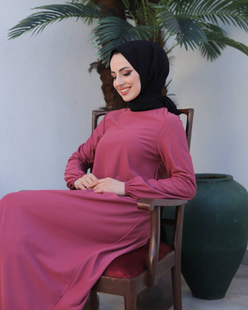 Ecesun Basic Kol Ucu Lastikli Tesettür Elbise - Gül Kurusu - 1