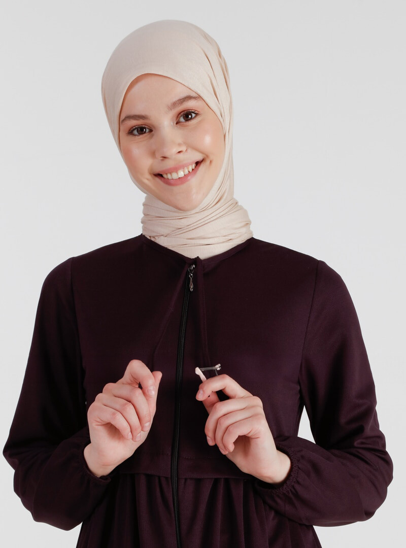 Ecesun Boydan Fermuarlı Ferace - Mürdüm - 4