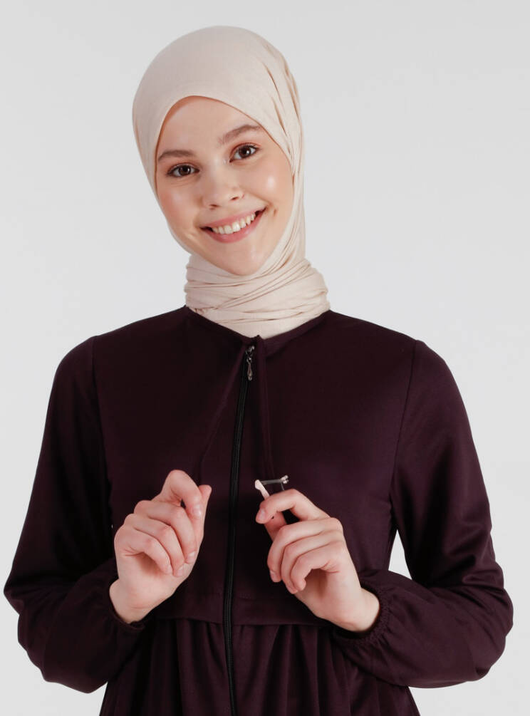 Ecesun Boydan Fermuarlı Ferace - Mürdüm - 4