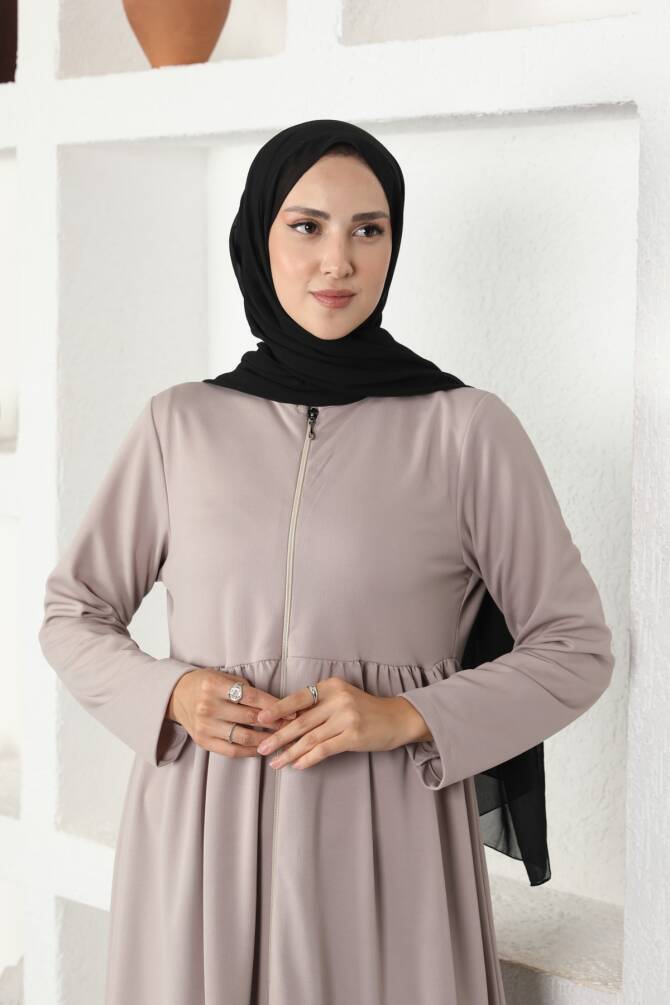 Ecesun Boydan Fermuarlı Ferace - Vizon - 1