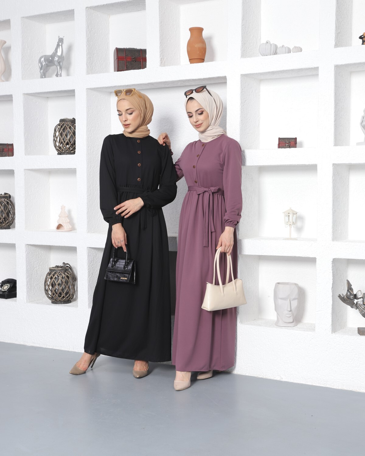 Ecesun Düğme Detaylı Tesettür Elbise - Lila - 2