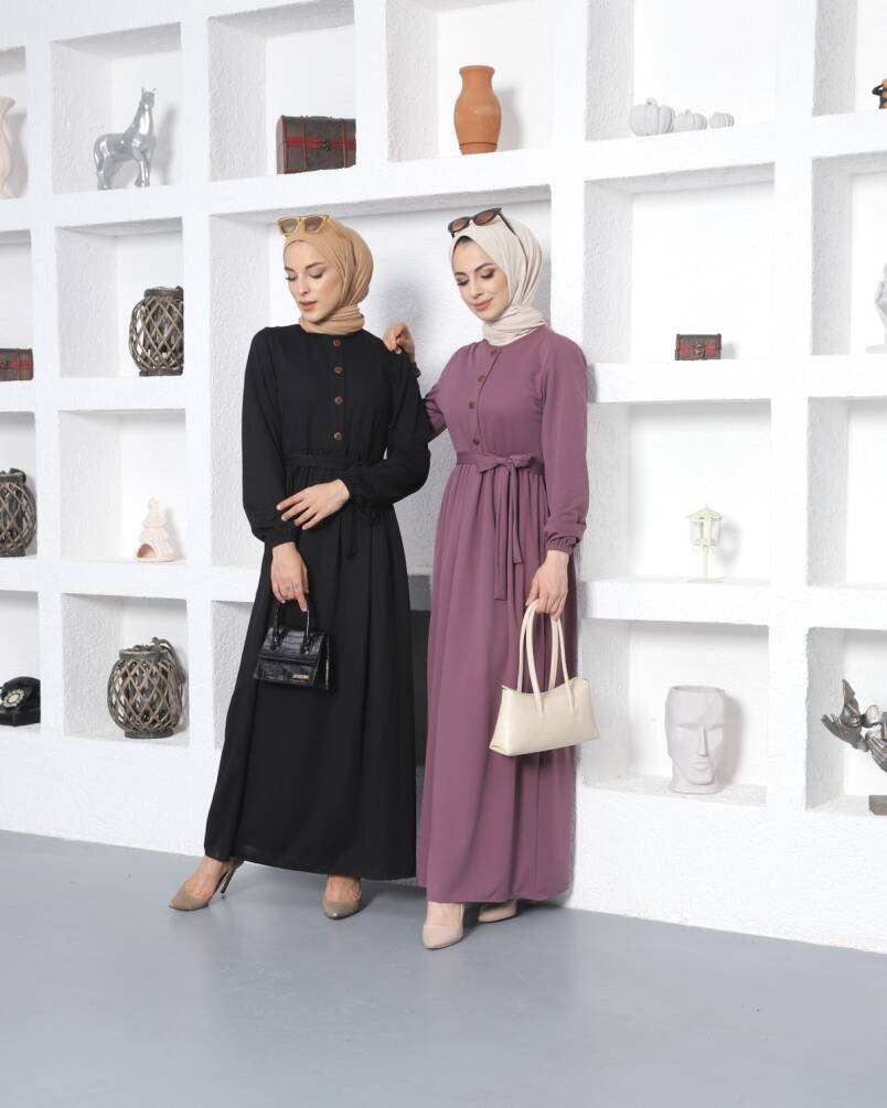 Ecesun Düğme Detaylı Tesettür Elbise - Lila - 2