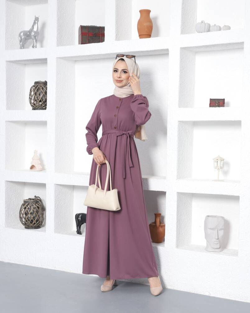 Ecesun Düğme Detaylı Tesettür Elbise - Lila - 3