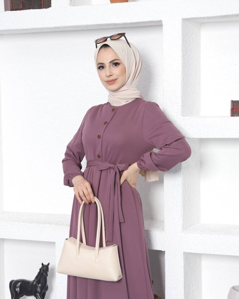 Ecesun Düğme Detaylı Tesettür Elbise - Lila - 5