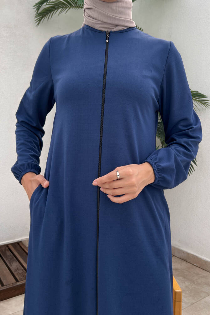 Ecesun Fermuarlı Cepli Ferace - İndigo - 3