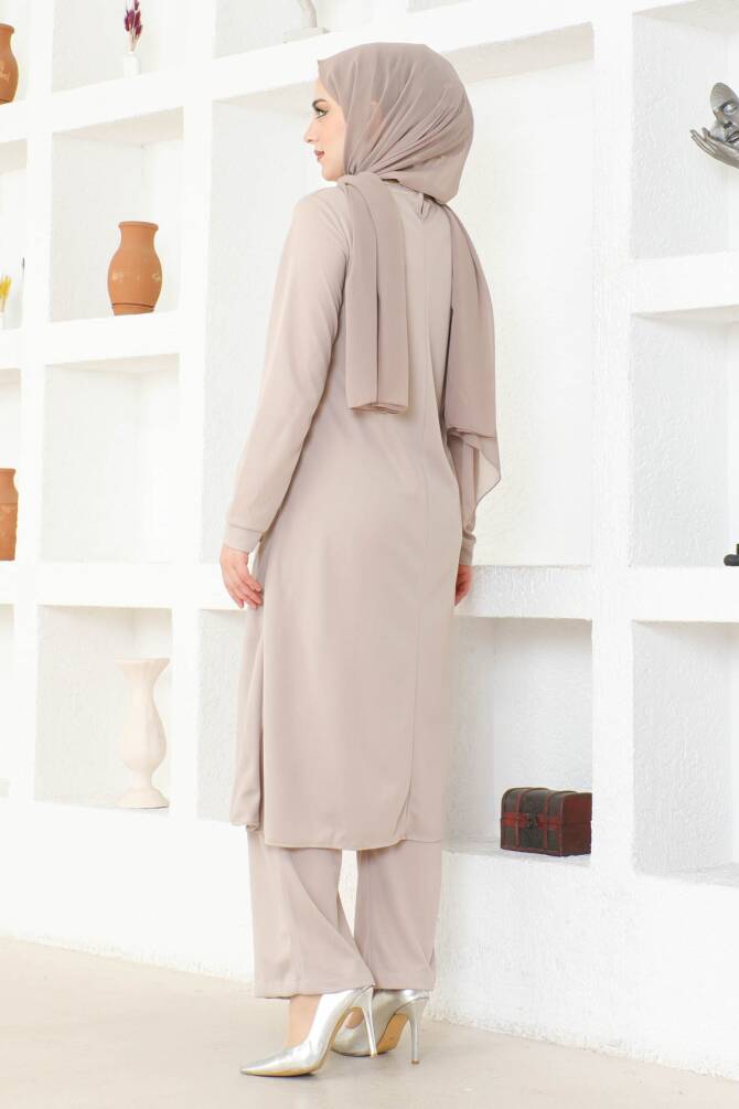Ecesun Kolyeli Tunik & Pantolon İkili Takım - Bej - 2