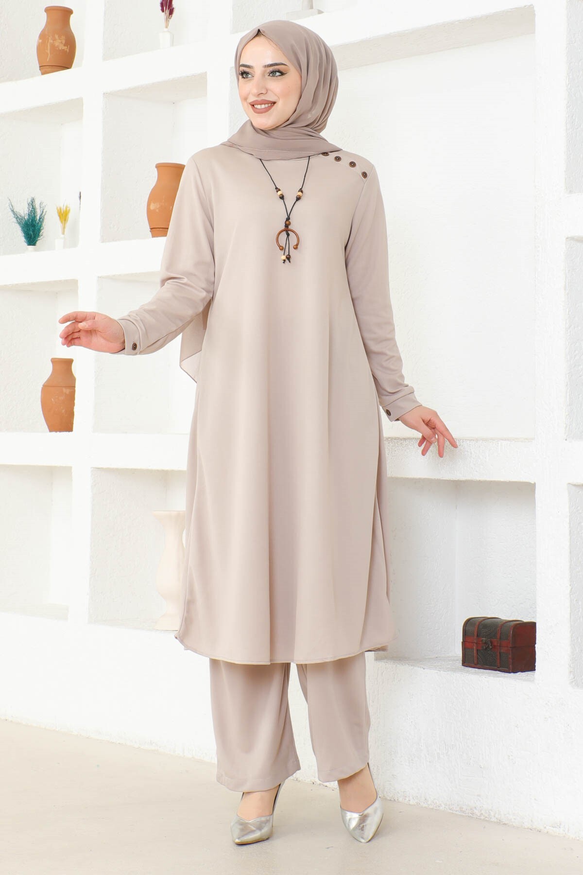 Ecesun Kolyeli Tunik & Pantolon İkili Takım - Bej - 3