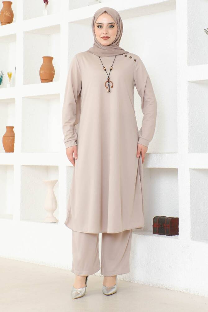 Ecesun Kolyeli Tunik & Pantolon İkili Takım - Bej - 4