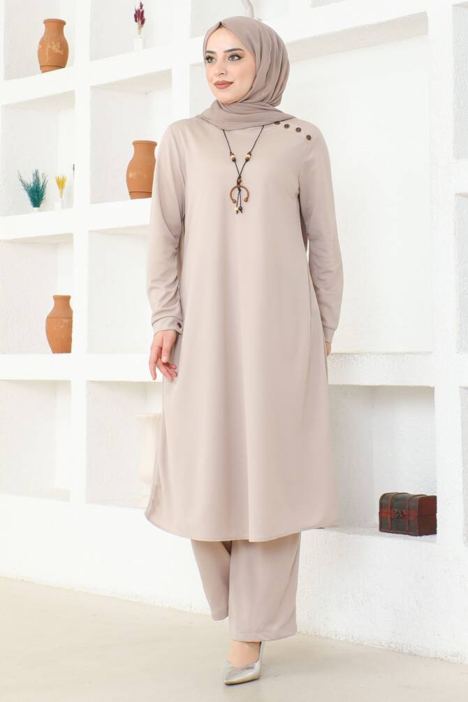 Ecesun Kolyeli Tunik & Pantolon İkili Takım - Bej - 5