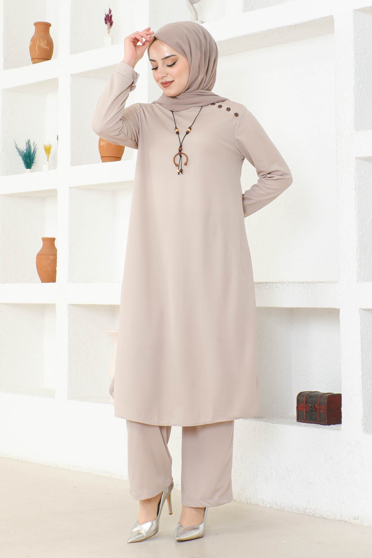 Ecesun Kolyeli Tunik & Pantolon İkili Takım - Bej - 6