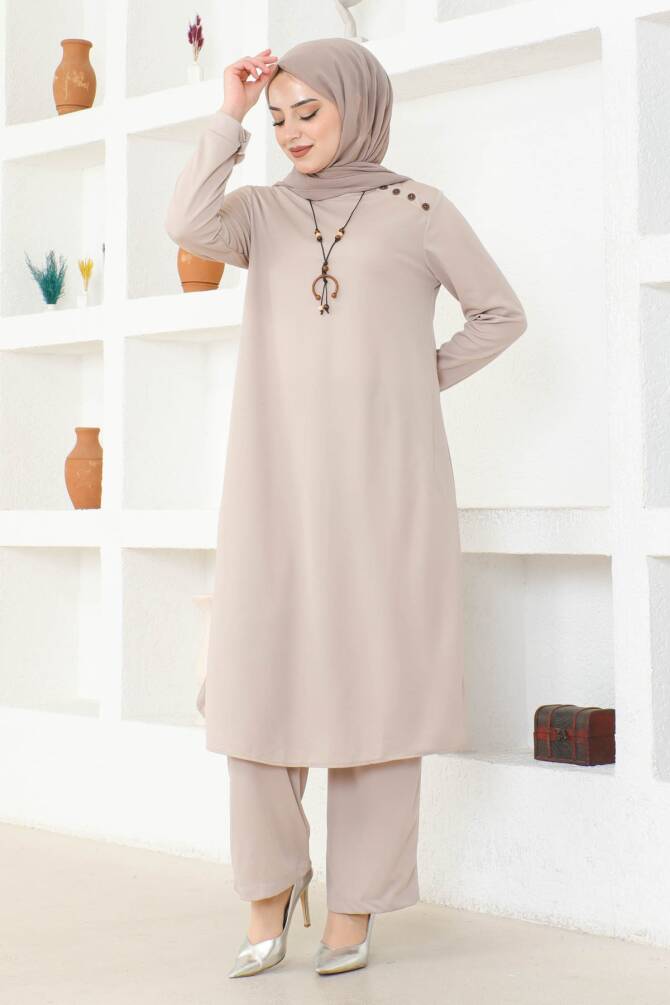 Ecesun Kolyeli Tunik & Pantolon İkili Takım - Bej - 6