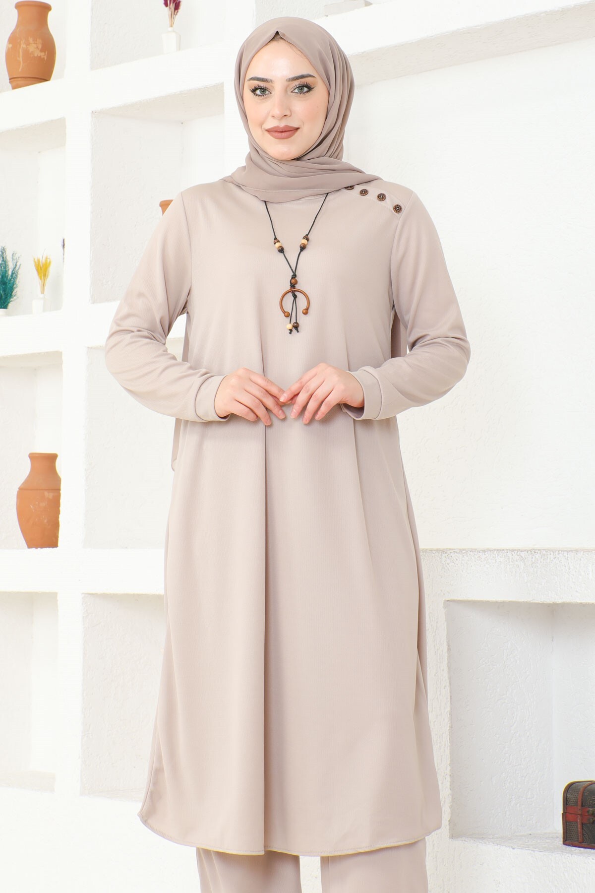 Ecesun Kolyeli Tunik & Pantolon İkili Takım - Bej - 7
