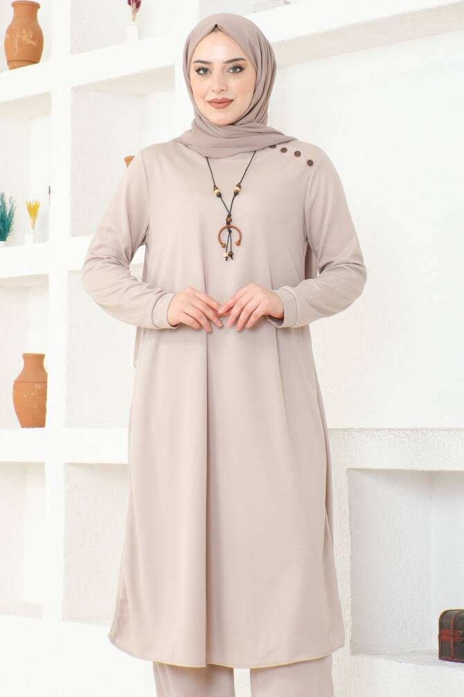Ecesun Kolyeli Tunik & Pantolon İkili Takım - Bej - 7