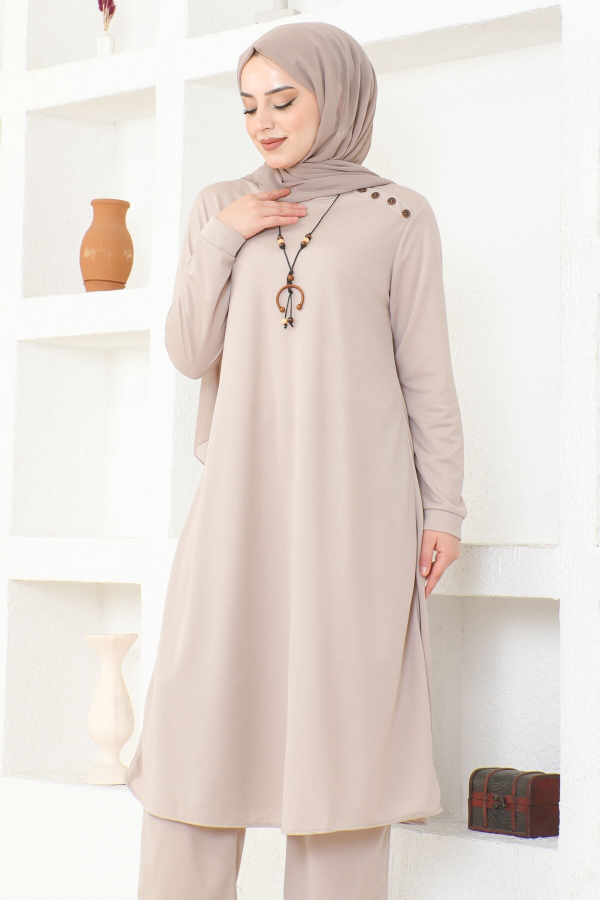 Ecesun Kolyeli Tunik & Pantolon İkili Takım - Bej - 8