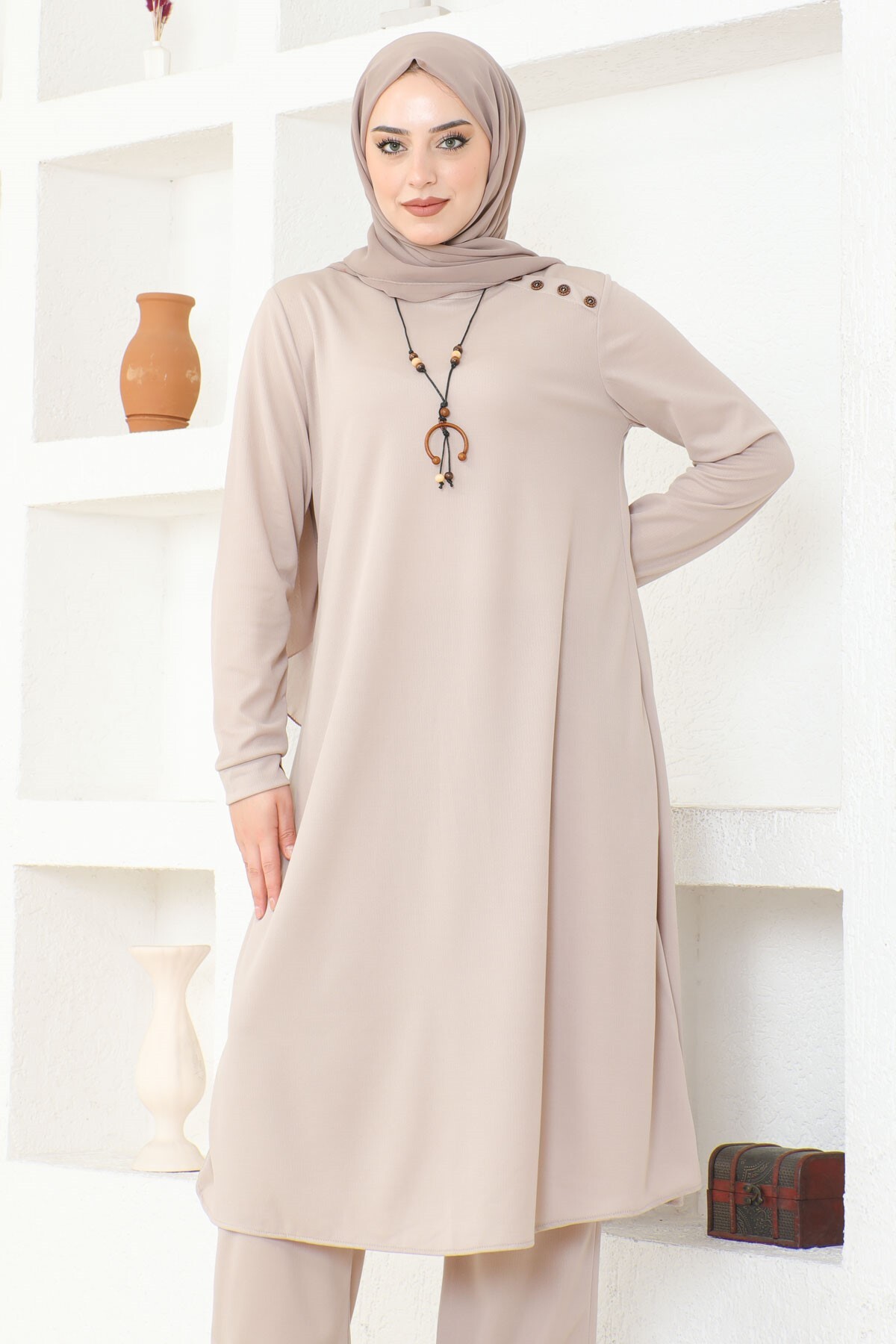 Ecesun Kolyeli Tunik & Pantolon İkili Takım - Bej - 9