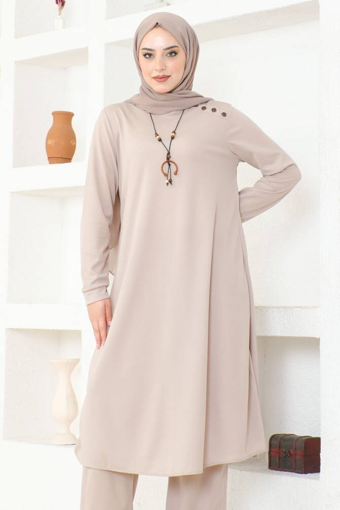 Ecesun Kolyeli Tunik & Pantolon İkili Takım - Bej - 9